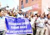 PHE employees protesting in Srinagar. -Excelsior/Shakeel