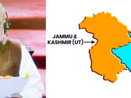 TV grab shows Union Home Minister Amit Shah speaking in Rajya Sabha on Article 370 on Monday (left) and a map shows bifurcation of J&K into two UTs (right).