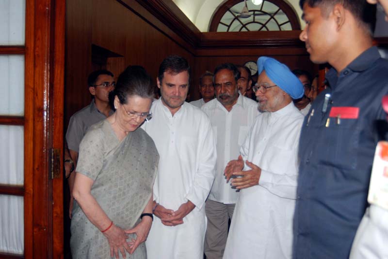 Congress president Sonia Gandhi, Rahul Gandhi, Gursharan Kaur and Manmohan Singh coming out after taking oath as a member of the Rajya Sabha, at Parliament House, in New Delhi on Friday. (UNI)