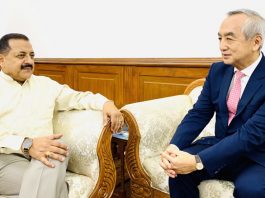 Outgoing Japanese Ambassador to India, Kenji Hiramatsu calling on Union Minister Dr Jitendra Singh for a farewell cum professional meeting, at North Block, New Delhi on Monday.