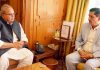 Governor Satya Pal Malik and J&K Bank Chairman R K Chhibber during meeting at Raj Bhawan in Srinagar on Thursday.