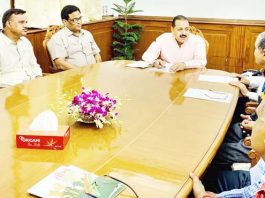 Union Minister Dr Jitendra Singh at a meeting with a delegation of Group-B Gazetted Officers' Association, at North Block New Delhi on Friday.