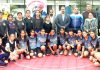 Young cagers posing along with chief guest Ranjeet Kalra, ace Sports Administrator and other dignitaries during inauguration of Ravinder Khajuria Memorial Basketball Tournament.