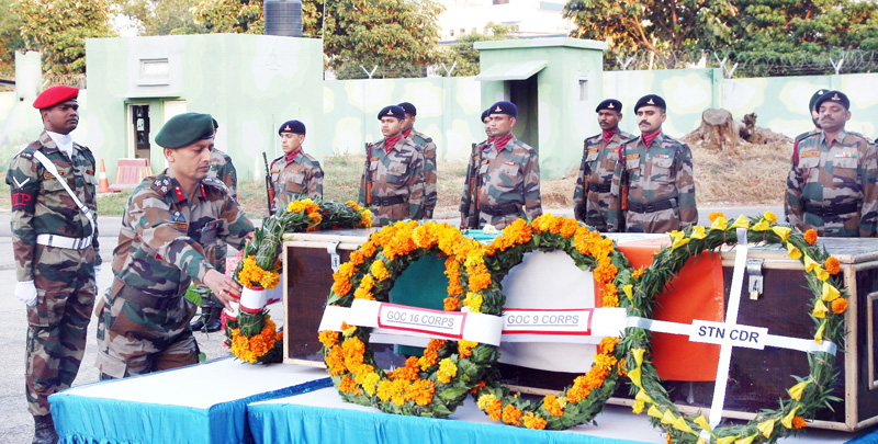 Tributes being paid to martyr Army jawan in Jammu on Friday.