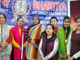 Artists of BLSKS during a musical programme at Jammu on Saturday.