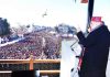 Union Home Minister Amit Shah addressing a public rally at Ridge Maidan, in Shimla on Friday.(UNI)