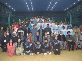 Advisor to the Lt. Governor, Farooq Khan with winning teams of All India Inter-University Fencing C'ship at Jammu on Thursday.