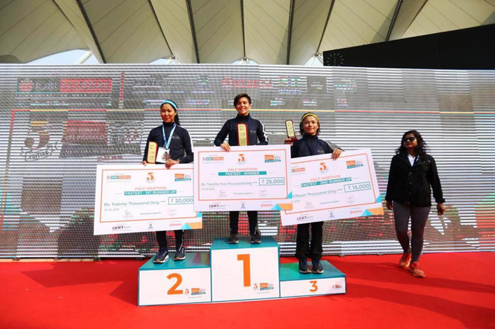 UT Ladakh girls who excelled in IDBI Marathon in Delhi. -Excelsior/Morup Stanzin
