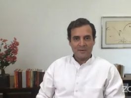 Congress leader Rahul Gandhi issuing a statement on the need and contours of an economic stimulus package to fight COVID-19 through video conference,in New Delhi on Firday. (UNI)