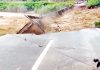 A bridge on Balol Nallah in Jeevan Nagar area of Jammu washed away in flash flood on Wednesday. —Excelsior/Rakesh