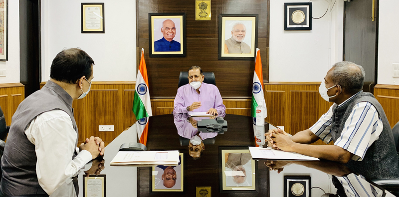 Union Minister Dr Jitendra Singh convening a meeting of senior officers including Union Secretary ARPG Chhatrapati Shivaji and Additional Secretary V. Srinivas to finalise plan to establish Grievance Portal in each district of Jammu & Kashmir, at New Delhi on Sunday.