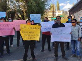 Students protesting in Leh on Wednesday. -Excelsior/Morup Stanzin