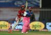 RR’s Rahul Tewatia hitting a six in a match against KXIP on Sunday.