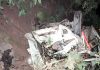 Wreckage of Mahindra mini-load carrier which rolled down into a deep gorge in Arnas area of Reasi on Friday. -Excelsior/Ramesh Mengi