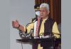 Lieutenant Governor Manoj Sinha addressing a press conference in Srinagar on Thursday.