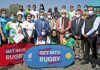 Lt Govenor Manoj Sinha posing for group photograph with young sports persons at Polo Ground, Srinagar on Sunday.