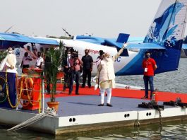 Prime Minister Narendra Modi inaugurating Water Aerodrome and Sea-plane Service between Kevadia and Sabarmati Riverfront in Ahmedabad on Saturday. (UNI)