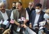 NC provincial president Devender Singh Rana, PDP leader Surinder Choudhary and Congress spokesman Ravinder Sharma speak to media persons after election meeting on Wednesday.