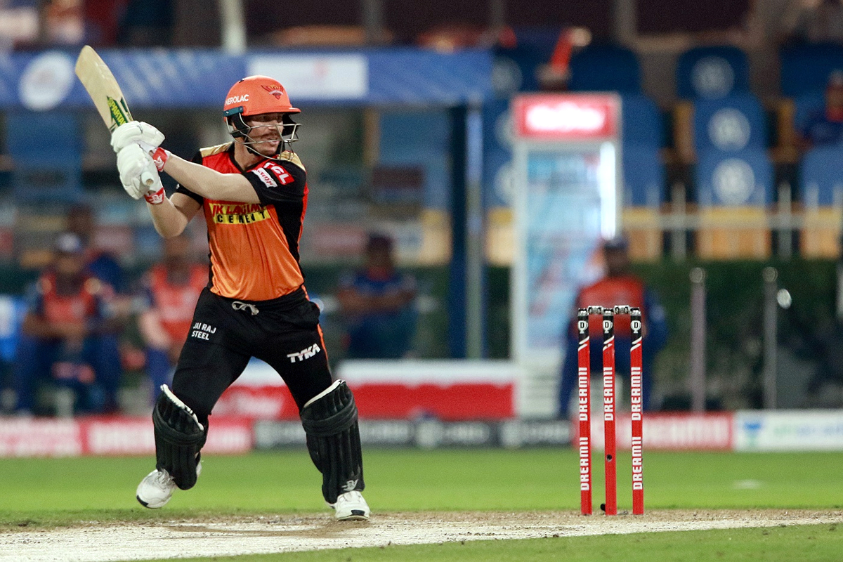 David Warner playing a shot against Mumbai Indians during a match on Tuesday.