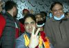 Newly elected Mayor Junaid Matoo shows a victory sign in Srinagar on Wednesday. —Excelsior/Shakeel