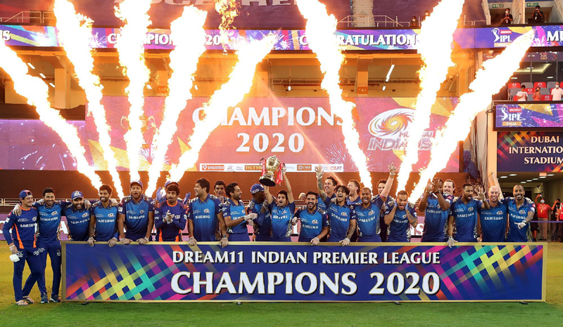 Mumbai Indians celebrates victory by holding wining trophy of the Dream 11 Indian Premium League (IPL) 2020 on Tuesday at Dubai.