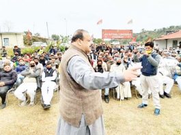 NC Provincial President Devender Singh Rana addressing a public gathering in Nagrota constituency on Tuesday.