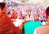 Union Minister Smriti Irani addressing an election rally at Ghagwal on Saturday. -Excelsior/ Badyal