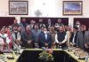 Union Minister Dr Jitendra Singh posing with the newly elected DDC Councilors of BJP from Udhampur-Kathua-Doda Lok Sabha Constituency at Jammu on Friday.