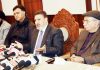 Apni Party president Altaf Bukhari speaking to media persons in Jammu on Tuesday. -Excelsior/ Rakesh
