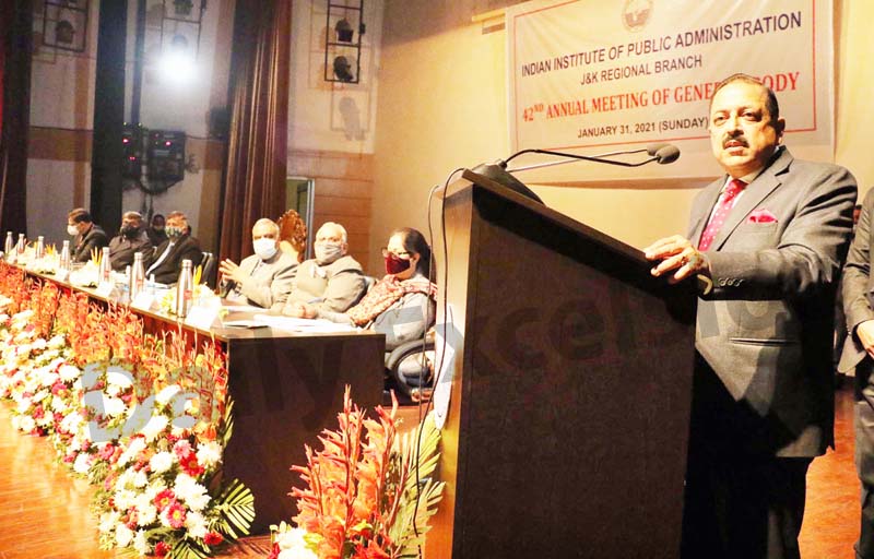 Union Minister Dr Jitendra Singh addressing the AGM of IIPA in Jammu on Sunday. -Excelsior/Rakesh