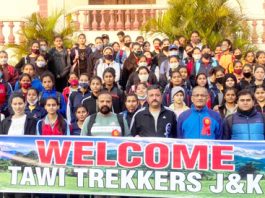 Chairman Team Jammu, Zorawar Singh Jamwal along with trekkers posing a group photograph at Jammu.