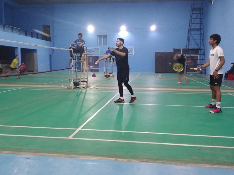 Players in action during Badminton match at Jammu.