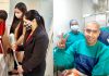A woman getting skin treatment (left) and a man posing with doctors after getting hair transplant done on him (right) at Headmasters' Hair Transplant and Skin Clinic in Jammu.