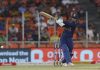Ishan Kishan playing shot against England during T20 match at Ahmedabad.