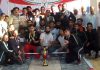 Overall trophy winner Jammu district team posing with chief guest at Bhagwati Nagar Indoor Complex, Jammu on Tuesday.