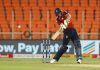 Jos Buttler playing a shot against India in 3rd T-20 match at Ahmedabad on Tuesday.