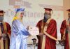 Lt Governor Manoj Sinha awarding degree to a student at SKICC, Srinagar on Monday.