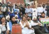 Cong activists staging protest against fuel price hike in Jammu on Tuesday.