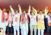 Union Minister Dr Jitendra Singh, flanked by Chief Minister Sarbananda Sonowal, Finance Minister Himanta Biswa Sarma and other senior leaders, at a public rally after the filing of nomination papers by the Chief Minister at Majuli, Assam on Tuesday.