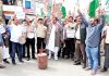 Senior Congress leader Raman Bhalla and others during protest at Ramgarh on Sunday. -Excelsior/Nischant