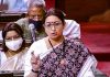Union Minister for Textiles Smriti Irani speaks in Rajya Sabha during the ongoing Budget Session of Parliament, in New Delhi.