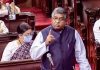 Union Minister for Law and Justice Ravi Shankar Prasad speaks in Rajya Sabha during the ongoing Budget Session of Parliament, in New Delhi.