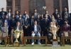 Winning Football team of J&K Bank posing for a group photograph with CMD, RK Chhibber and others at Srinagar on Friday.