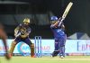 Prithvi Shaw smashes a ball towards boundary in IPL match against KKR at Ahmedabad on Thursday.