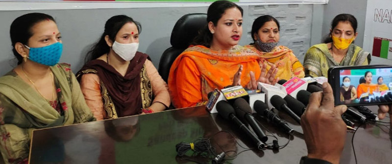 NAUP women leaders addressing a press conference at Jammu on Sunday.