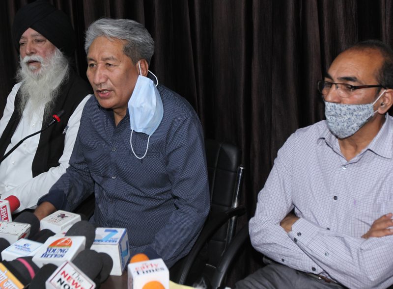 Phonsok Ladakhi addressing a press conference at Jammu on Tuesday. —Excelsior/Rakesh