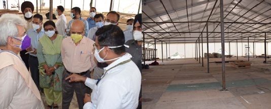 Lieutenant Governor Manoj Sinha during visit to DRDO's under-construction COVID hospital site at Bhagwati Nagar Jammu on Sunday.