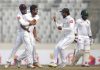 Sri Lanka players celebrating victory over Bangladesh at Pallekele on Monday.