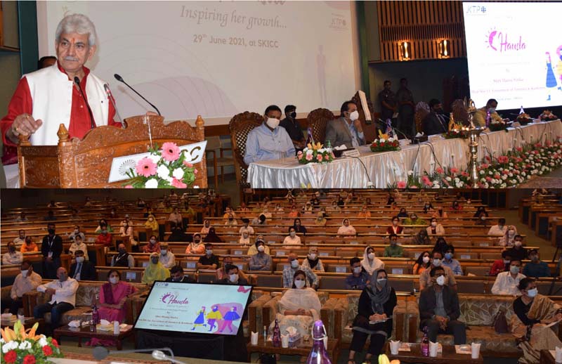 LG Manoj Sinha addressing the gathering during launch of ‘Hausla’ in Srinagar on Tuesday.