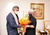 Union Minister for Tourism Prahlad Singh Patel meeting Lieutenant Governor Manoj Sinha in New Delhi on Saturday.